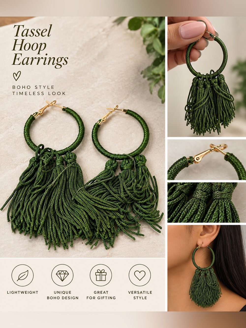 Green Boho Tassel Hoop Earrings – Statement Fringe Jewelry